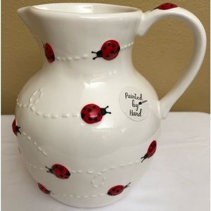 NEW LANG Hand Painted Ceramic Ladybug Pitcher ~ Red White